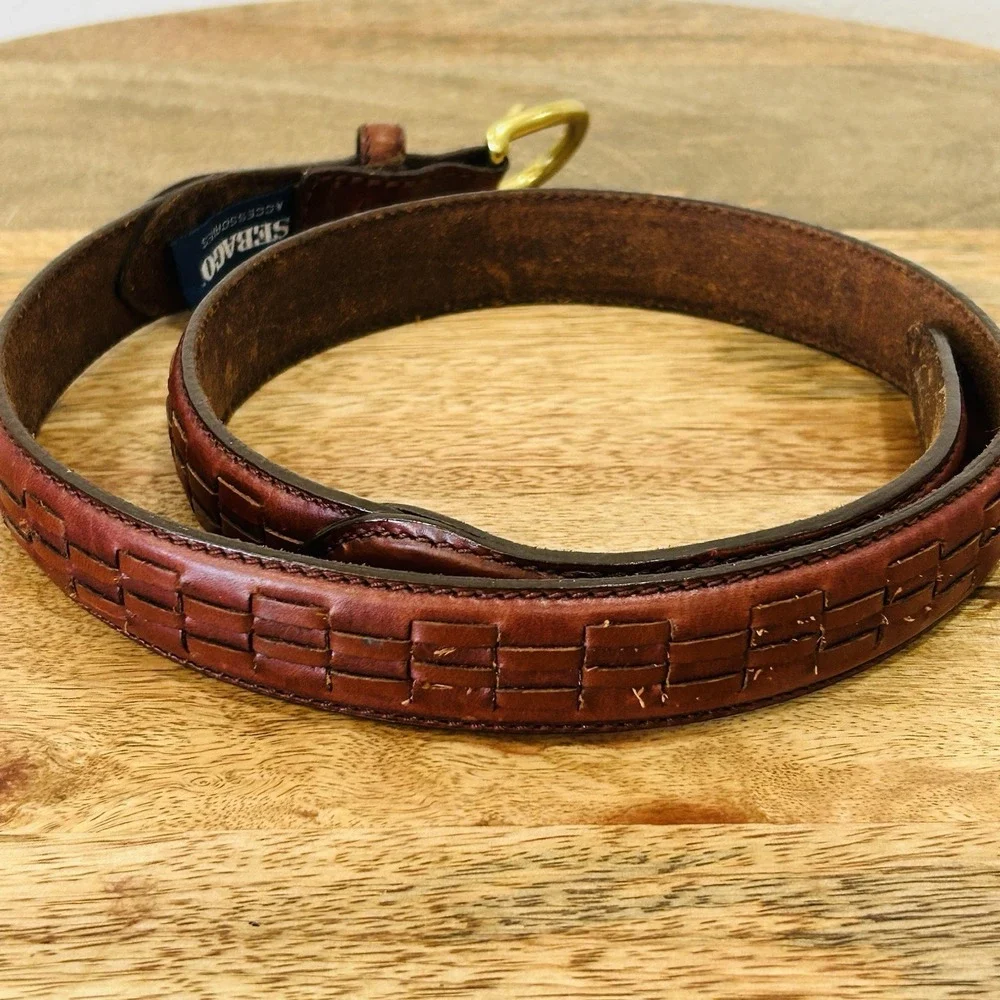 Sebago Belt Mens Size 34 Brown Leather Casual Dress Vintage Made USA Brass